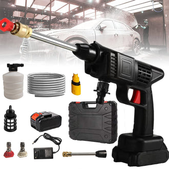 24V Dual Battery Cordless High-Pressure Washer with accessories for car detailing.