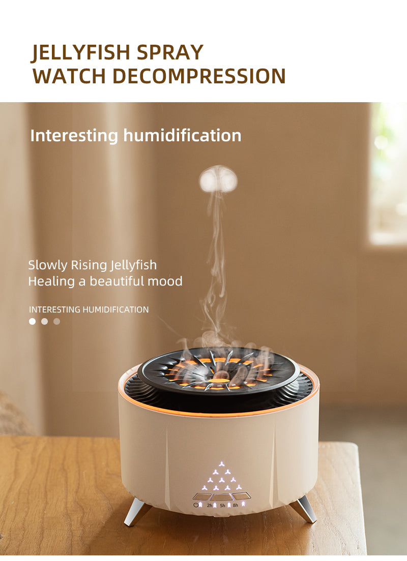 Volcano Flame Aroma Diffuser with wood grain finish emitting a realistic orange fire mist effect