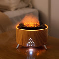 Volcano Flame Aroma Diffuser with wood grain finish emitting a realistic orange fire mist effect