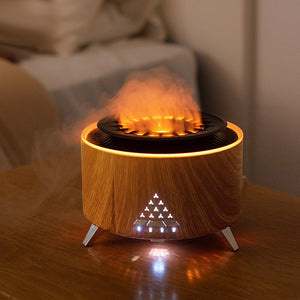 Volcano Flame Aroma Diffuser with wood grain finish emitting a realistic orange fire mist effect