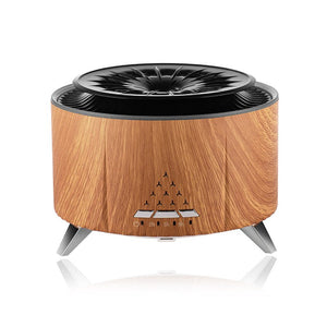 Volcano Flame Aroma Diffuser with wood grain finish emitting a realistic orange fire mist effect