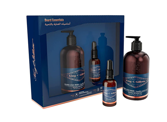 King C. Gillette beard grooming kit featuring the signature blue face wash and glass dropper beard oil.