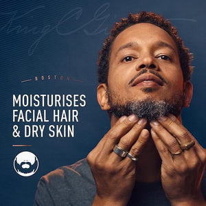 King C. Gillette beard grooming kit featuring the signature blue face wash and glass dropper beard oil.
