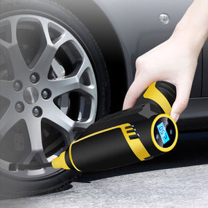 Handheld 12V car tire inflation pump with multiple nozzle attachments for vehicles and sports gear.
