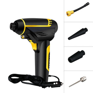 Handheld 12V car tire inflation pump with multiple nozzle attachments for vehicles and sports gear.