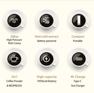 Portable electric espresso maker with 20-bar pressure and USB-C charging for travel and office use.