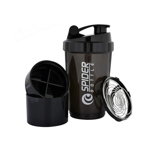 Black LORDEX protein shaker bottle with stainless steel mixing ball and two detachable supplement compartments
