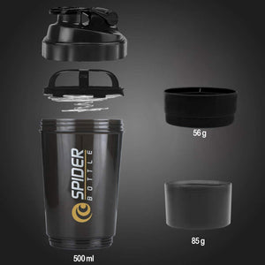 Black LORDEX protein shaker bottle with stainless steel mixing ball and two detachable supplement compartments