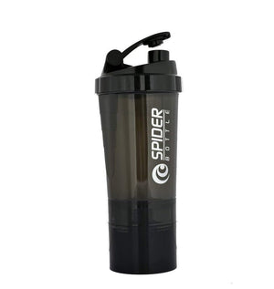 Black LORDEX protein shaker bottle with stainless steel mixing ball and two detachable supplement compartments
