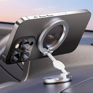 Foldable 360-degree magnetic car phone holder in black, showing adjustable arm and rotatable base.