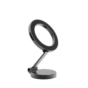 Foldable 360-degree magnetic car phone holder in black, showing adjustable arm and rotatable base.