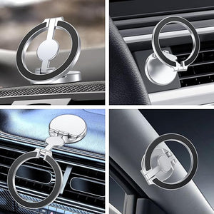 Foldable 360-degree magnetic car phone holder in black, showing adjustable arm and rotatable base.