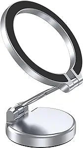 Foldable 360-degree magnetic car phone holder in black, showing adjustable arm and rotatable base.