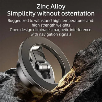 Foldable 360-degree magnetic car phone holder in black, showing adjustable arm and rotatable base.