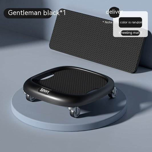 Professional silent abdominal sliding plate in black with universal wheels and included blue kneeling yoga mat