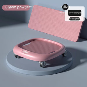 Professional silent abdominal sliding plate in black with universal wheels and included blue kneeling yoga mat