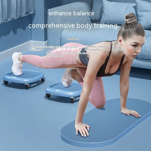 Professional silent abdominal sliding plate in black with universal wheels and included blue kneeling yoga mat