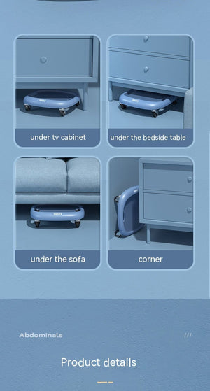 Professional silent abdominal sliding plate in black with universal wheels and included blue kneeling yoga mat